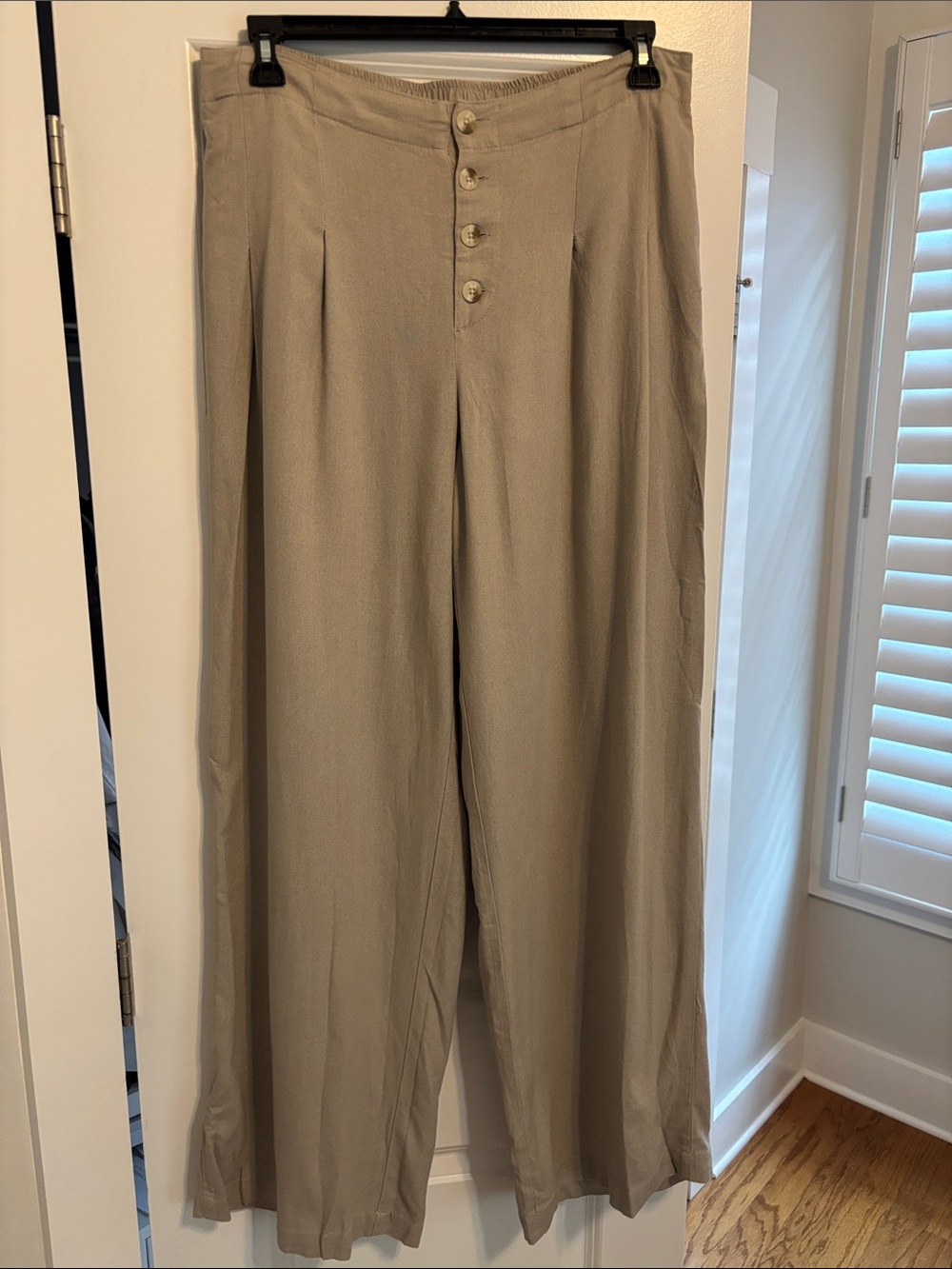 Beige/Tan Wide-Leg Button Linen Pants